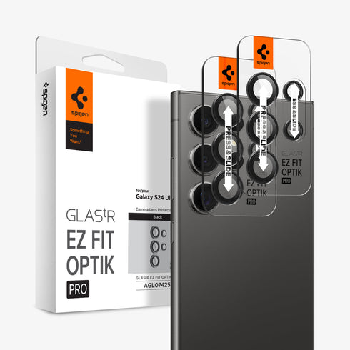 AGL07425 - Galaxy S24 Ultra Optik Pro EZ Fit Lens Protector in Black showing the camera lens protector hovering above another lens protector tray and device showing back